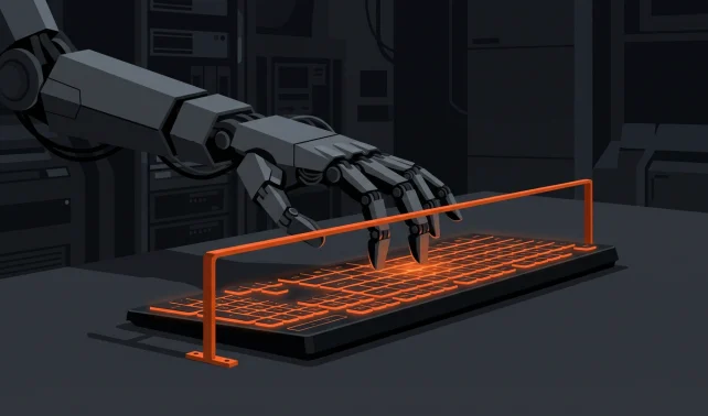 AI coding ground rules illustrated as a guardrail holding back a robotic hand over a keyboard