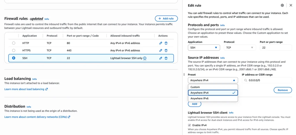 Migrate WordPress From Bitnami LAMP Stack Without Losing Your Settings 5 AWS LightSail update the Networking rule to allow Ssh traffic from any IPV4 address