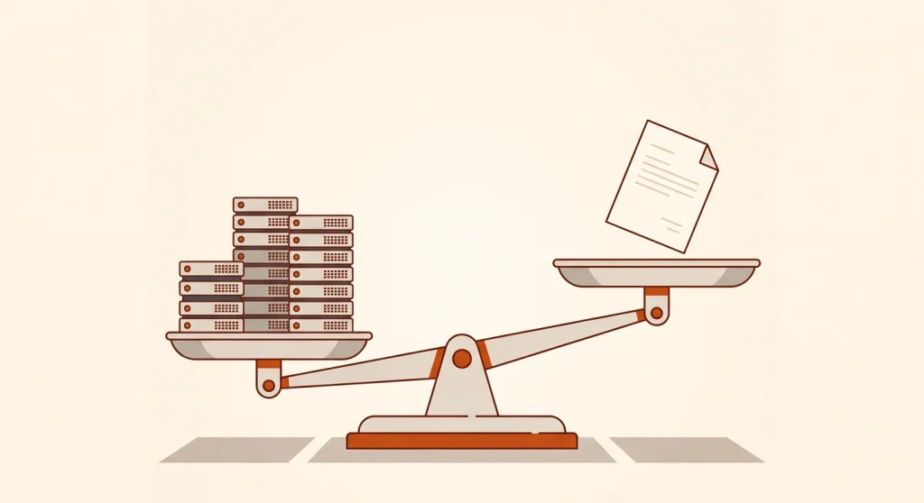 Skills vs MCP: The Token Math That Changed My AI Setup 1 Balance scale comparing skills vs MCP token usage, with a light document outweighing heavy server infrastructure