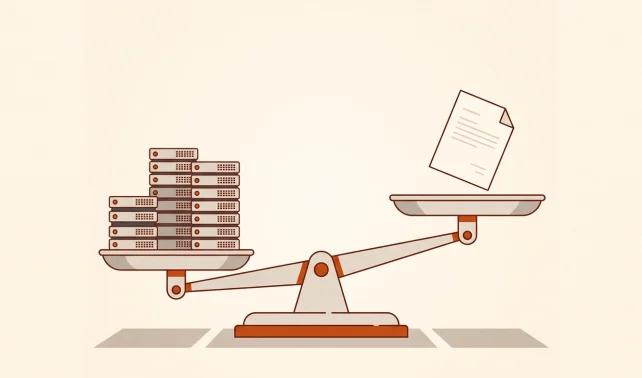 Balance scale comparing skills vs MCP token usage, with a light document outweighing heavy server infrastructure