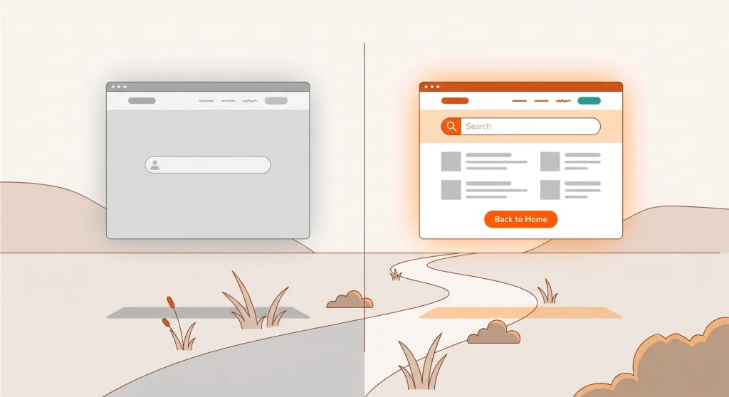 Comparison of a default GeneratePress 404 page versus a custom one with search and recent posts