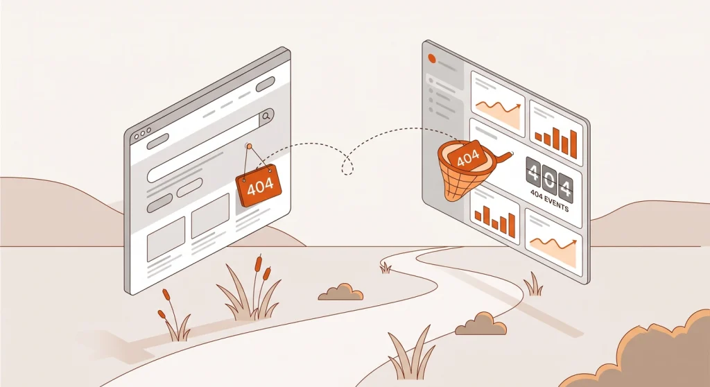 Custom 404 page with a distinct title feeding broken-link data into analytics