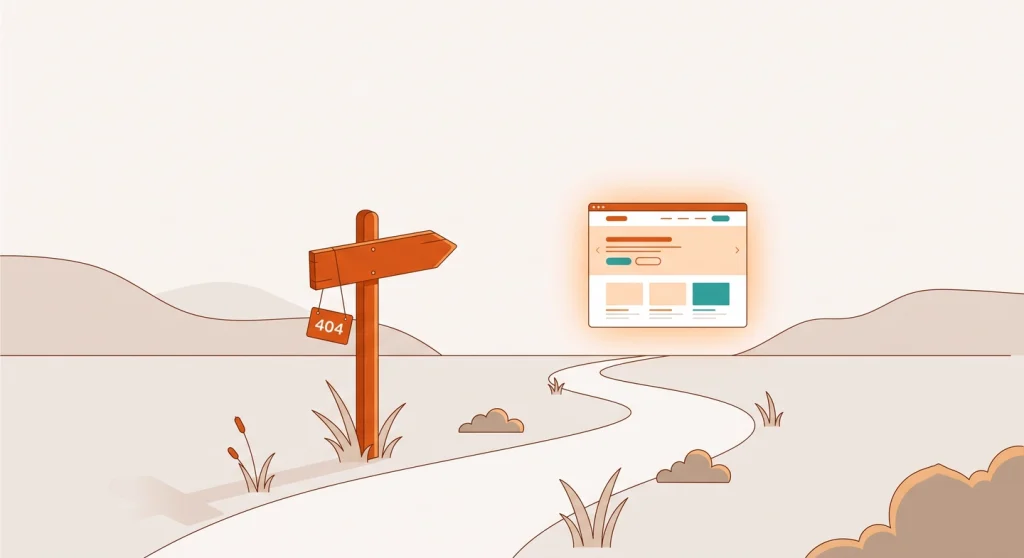 Illustration of a custom GeneratePress 404 page guiding a lost visitor back to the homepage