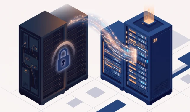 Illustration of migrating WordPress from Bitnami to a new LAMP server, with data moving between two servers