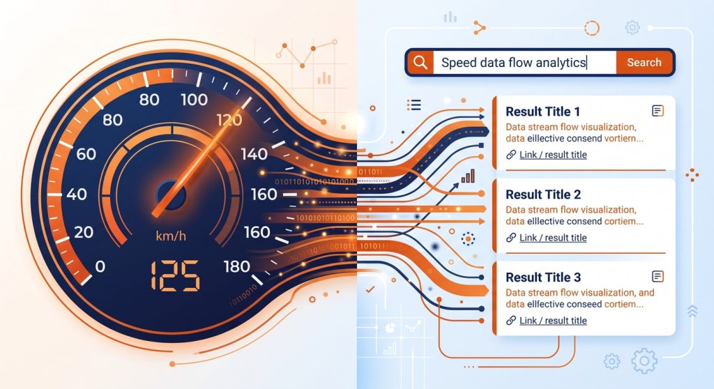 Why WordPress Speed and SEO Are Inseparable 1 Speedometer merging with search results page illustrating the connection between WordPress speed and SEO
