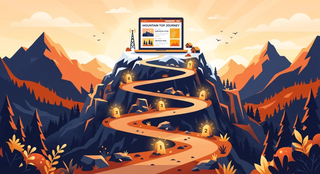 Path with seven milestones illustrating blogging lessons learned from building a blog