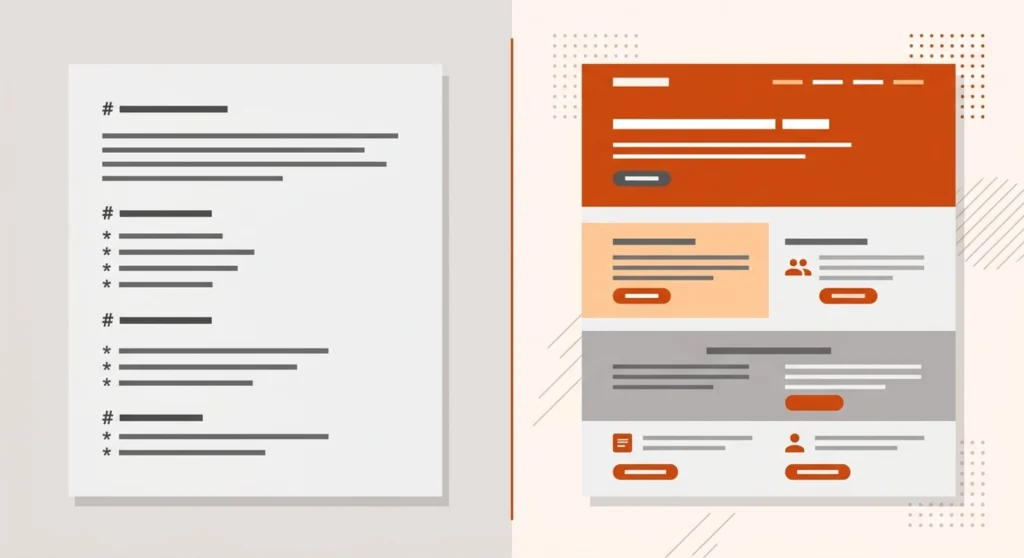 Markdown vs HTML5 for AI: Write for Machines, Publish for Humans 1 Markdown vs HTML5 for AI shown as a split-screen comparison of plain text and a rendered webpage