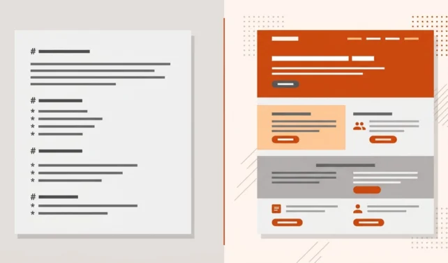 Markdown vs HTML5 for AI shown as a split-screen comparison of plain text and a rendered webpage
