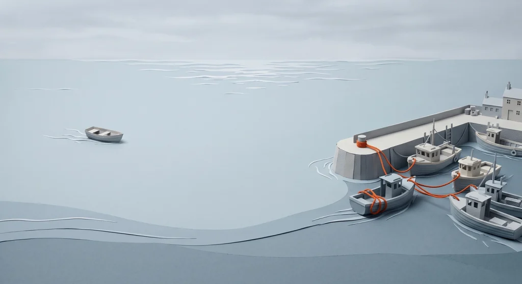 Lone paper boat drifting away from a harbour of connected boats, representing an orphan page with no internal links