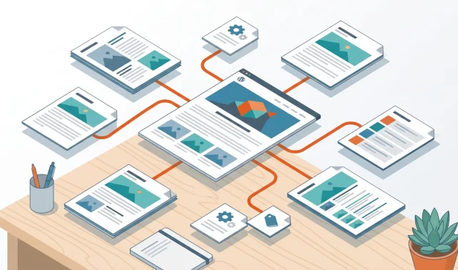 Index cards connected by orange string on a wall, showing an internal linking strategy for a WordPress blog