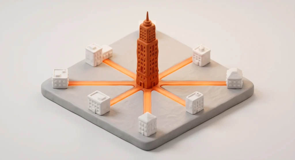 Isometric 3D scene of a central tower linked to smaller buildings, representing the pillar-cluster content model