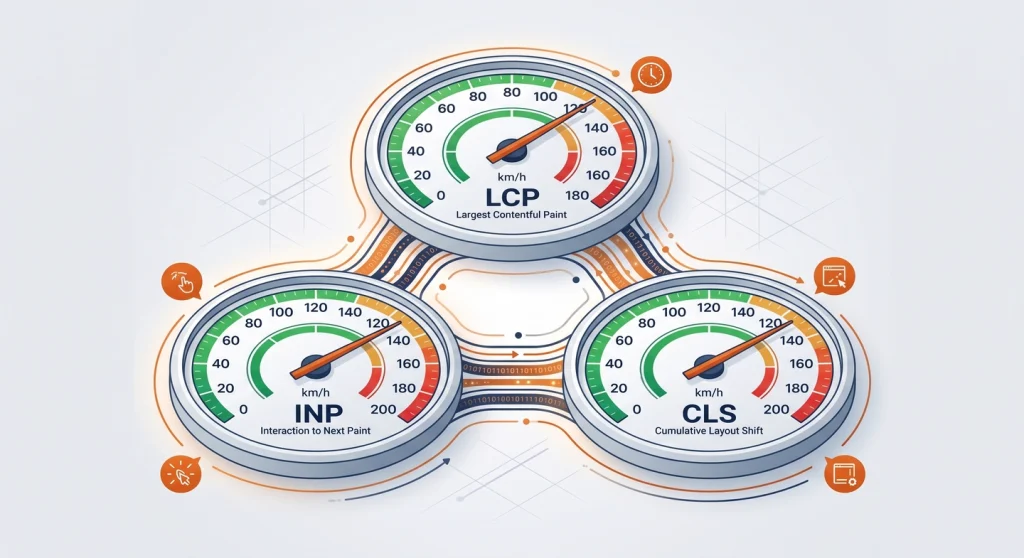 Why WordPress Speed and SEO Are Inseparable 2 Three Core Web Vitals gauges showing LCP INP and CLS metrics in the passing range