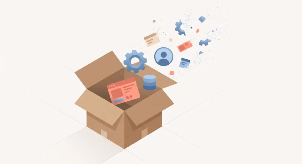 Migrate WordPress From Bitnami LAMP Stack Without Losing Your Settings 2 Website settings and widgets falling out of a box, showing what a WordPress XML export leaves behind
