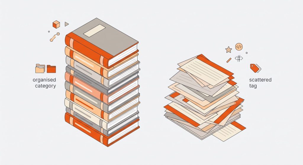 Isometric comparison of WordPress categories as bookshelf chapters versus tags as scattered index cards