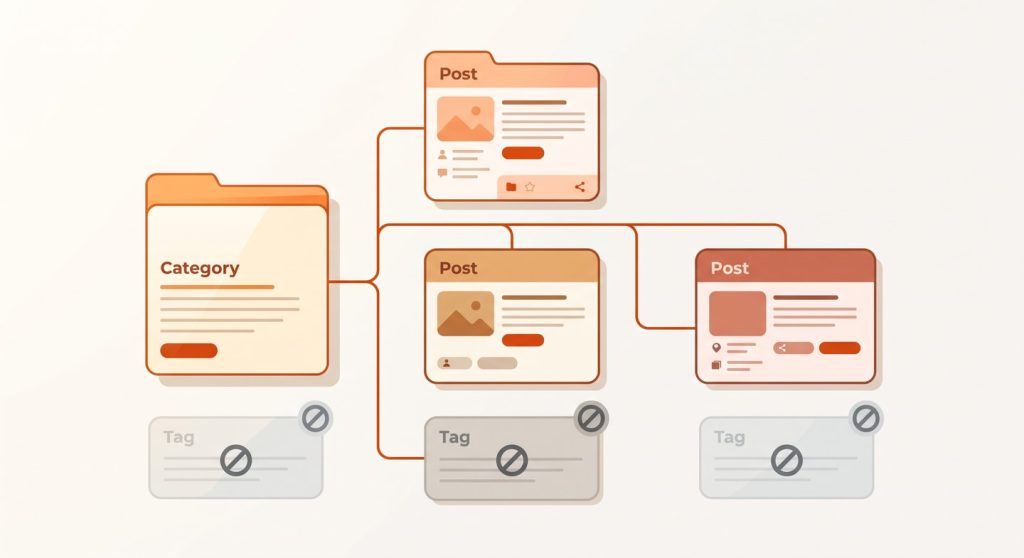 WordPress category and tag pages organised into a clean site structure with tag pages set to noindex