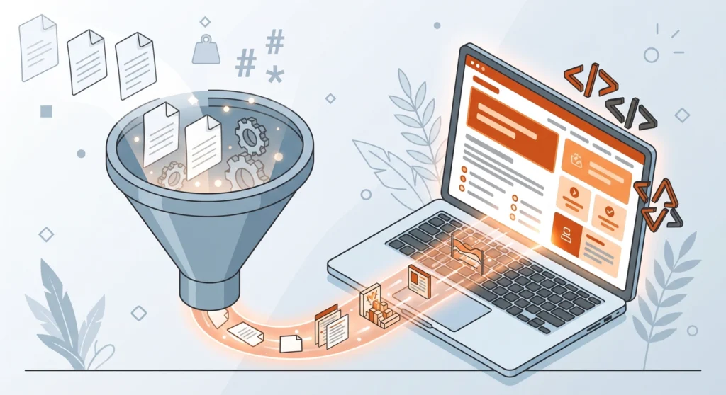 Markdown vs HTML5 for AI: Write for Machines, Publish for Humans 5 Pipeline showing a Markdown file being converted into a rendered HTML5 webpage