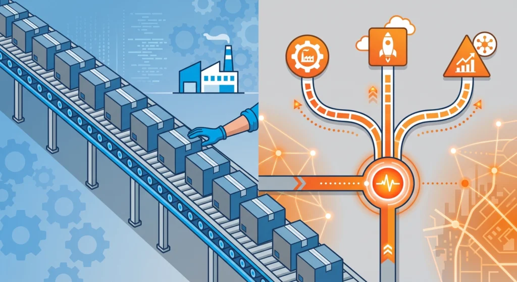 Traditional automation conveyor belt compared with a branching agentic workflow