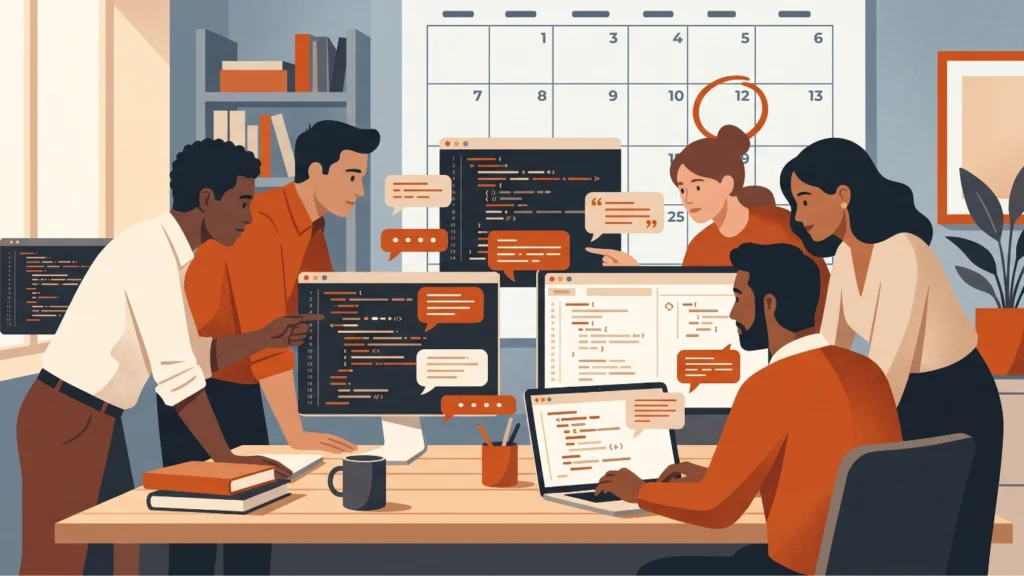Development team busy with AI tools while the project deadline on the wall calendar stays the same