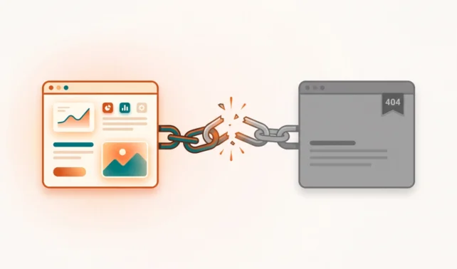 Illustration showing how to find internal broken links between two web pages with a 404 error