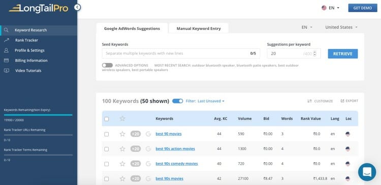 Long Tail Pro Keyword Research Screen