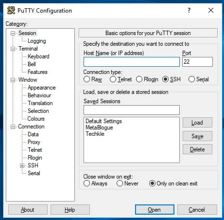 Putty New Connection Screen For AWS SSH Tunnel Creation