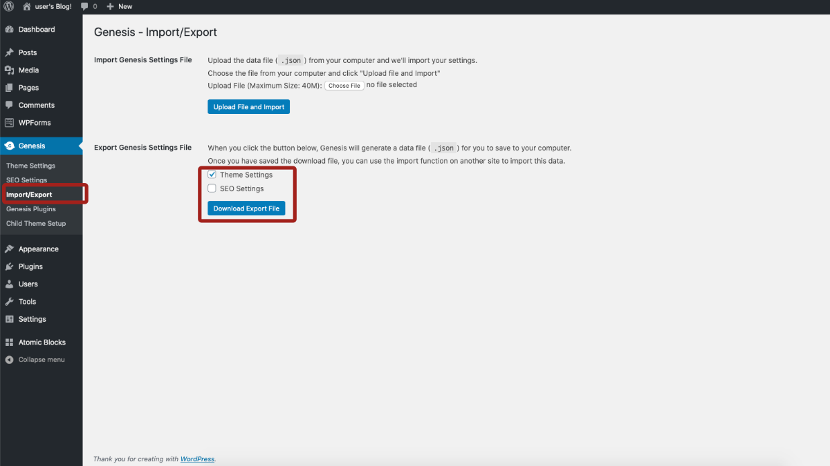 Genesis Theme Setting Export From WordPress