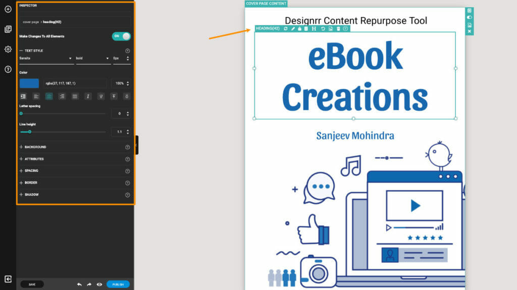 Inspector Window in Designrr Online Editor