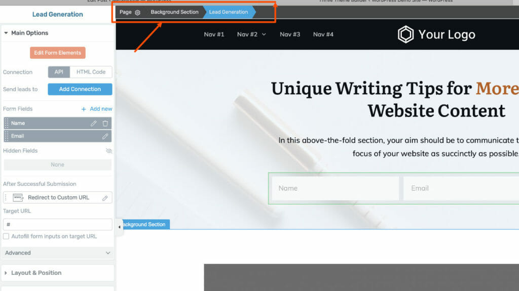 Thrive Architect Top Breadcrumb for Easy Navigation Between Elements