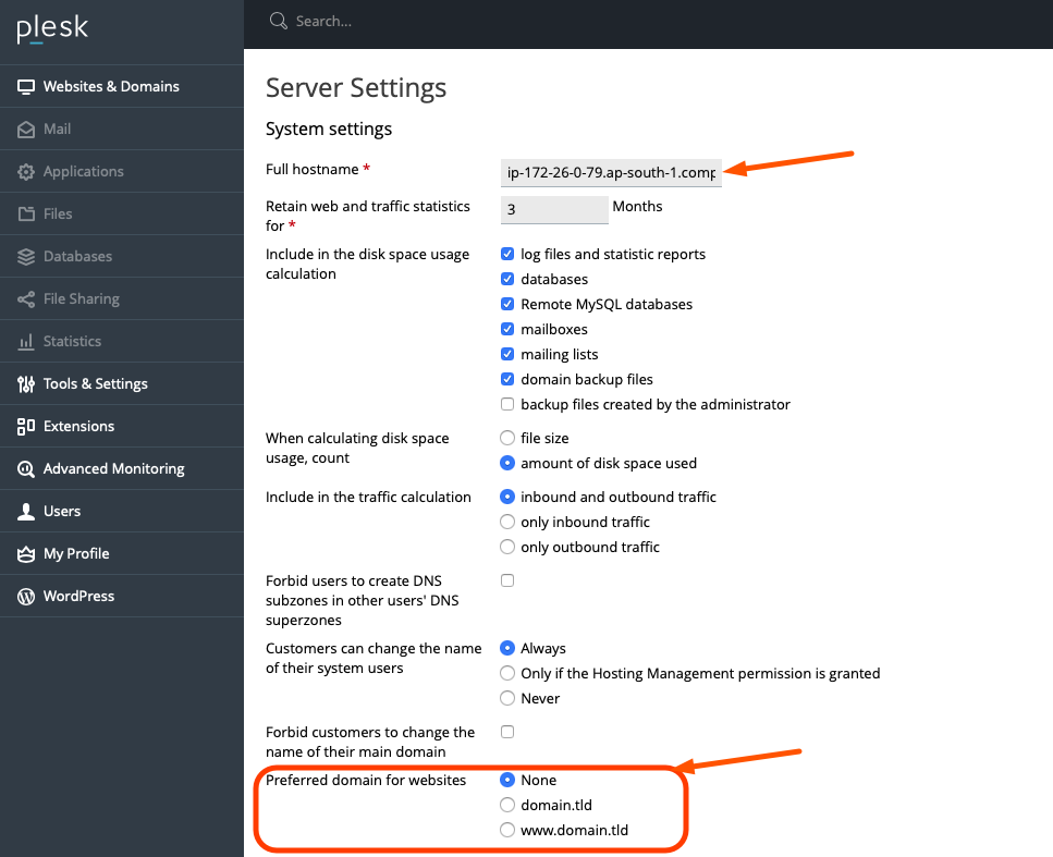 Plesk Server Settings To Change The hostname