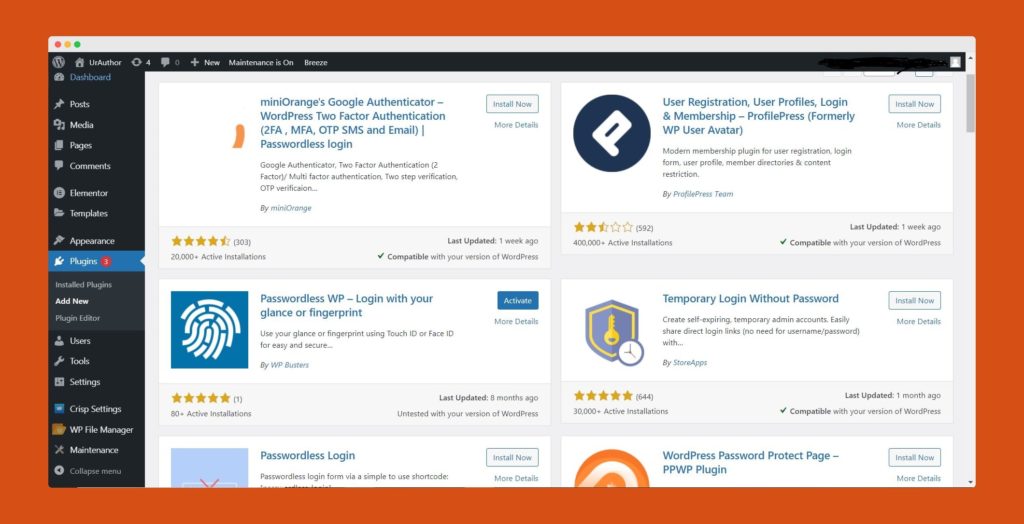 install the passwordless WP plugin